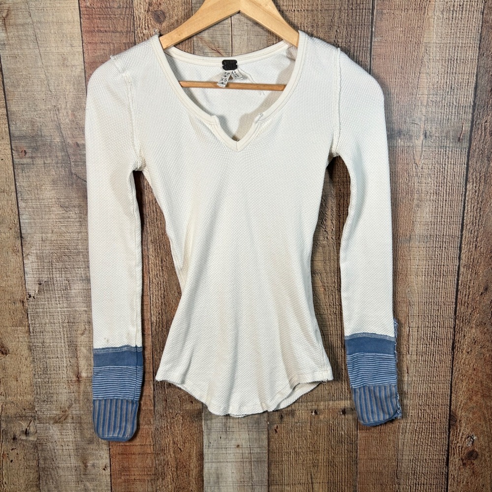 Free People We The Free Cream Waffle Knit Kyoto Cuff Thermal Top XS Mixed Media
